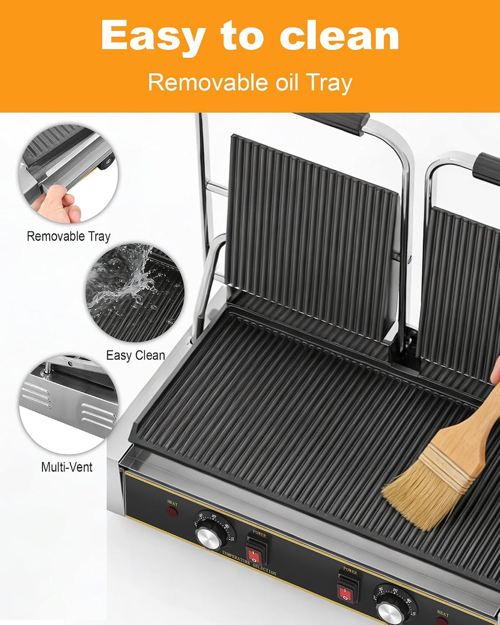 Commercial Panini Press - Electric Sandwich Maker w/ 19"x9" Grooved and Enamel Plates, 3600W Stainless Steel Panini