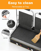Commercial Panini Press - Electric Sandwich Maker w/ 19"x9" Grooved and Enamel Plates, 3600W Stainless Steel Panini