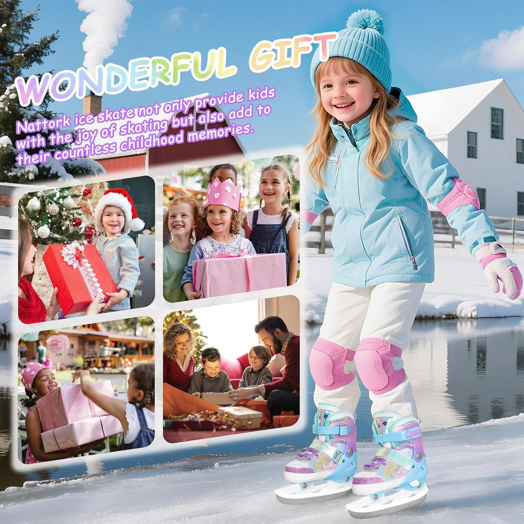 Girls Ice Skates for Kids 4 Size Adjustable Butterfly Ice Skate with Fleece Lining for Outdoor & Rink