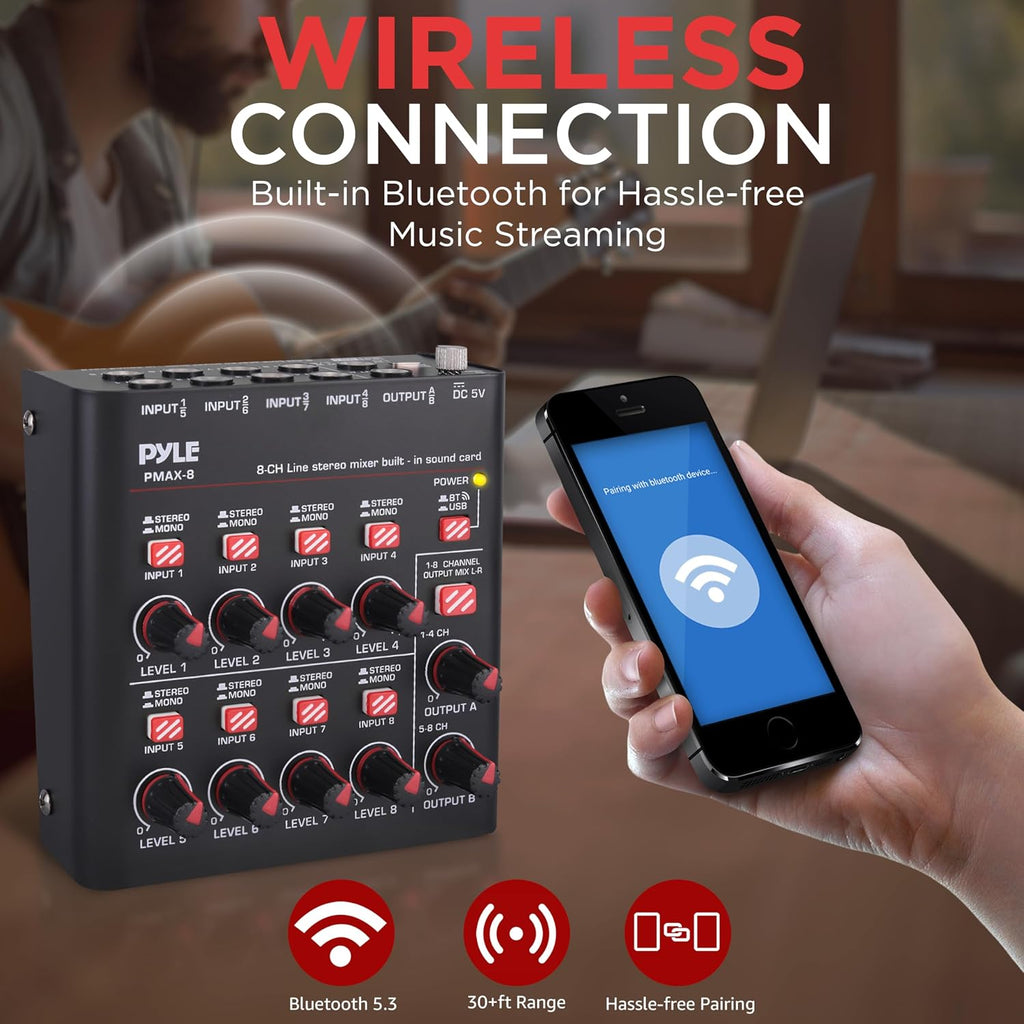 8-Channel Bluetooth Mini Line Mixer with USB Audio Interface - 8 Mono/Stereo Switching Inputs | Ultra-low Noise
