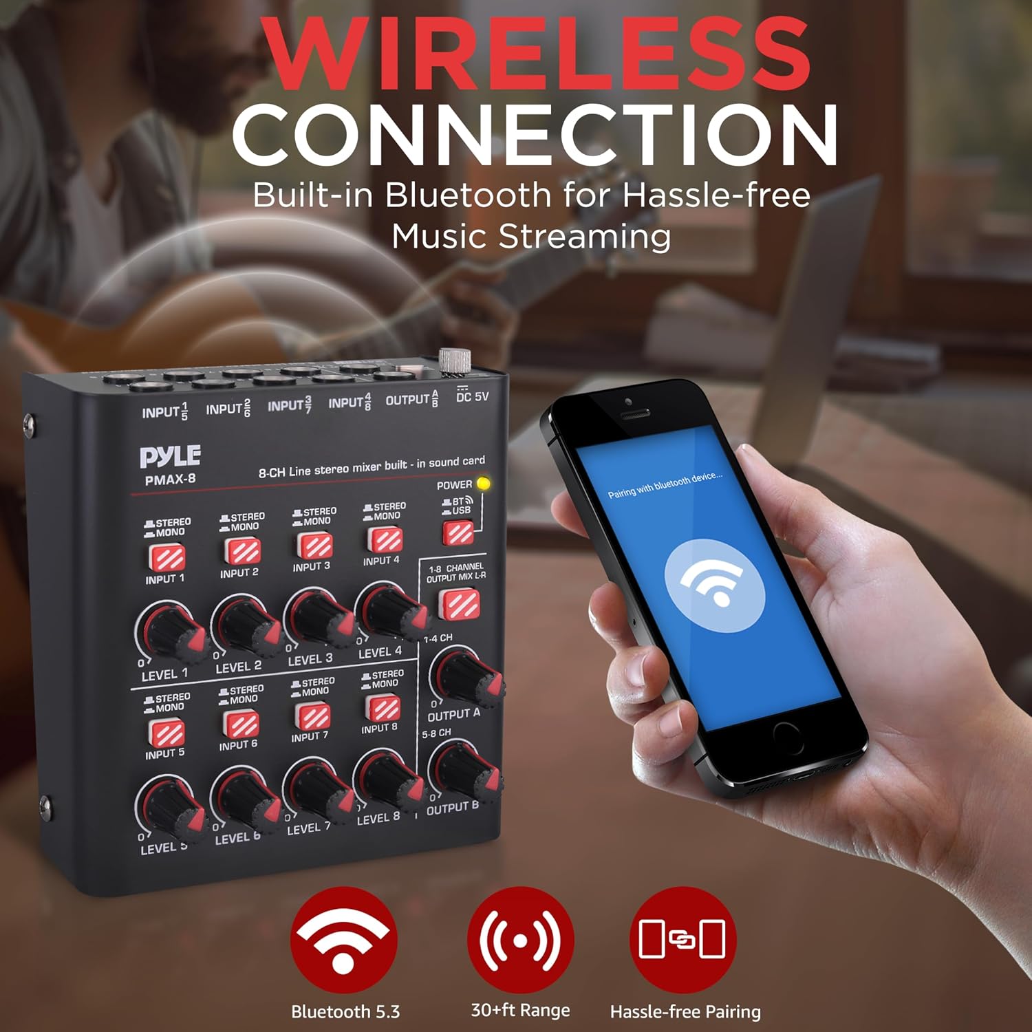 8-Channel Bluetooth Mini Line Mixer with USB Audio Interface - 8 Mono/Stereo Switching Inputs | Ultra-low Noise