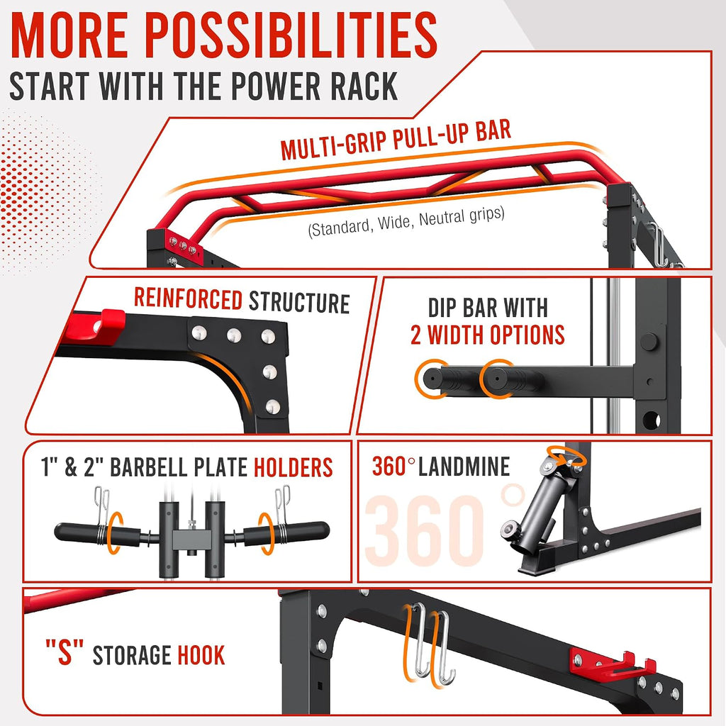 Power Rack, Multi-Function Squat Rack with LAT Pull Down, Power Cage with Pulley System, Strength Training Home Gym