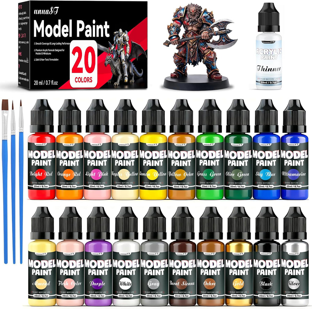 20 Colors Model Paint Set, Model Acrylic Paint Set for Brush & Airbrush Use | 0.7oz/20ml, Includes 3 Brushes & 1