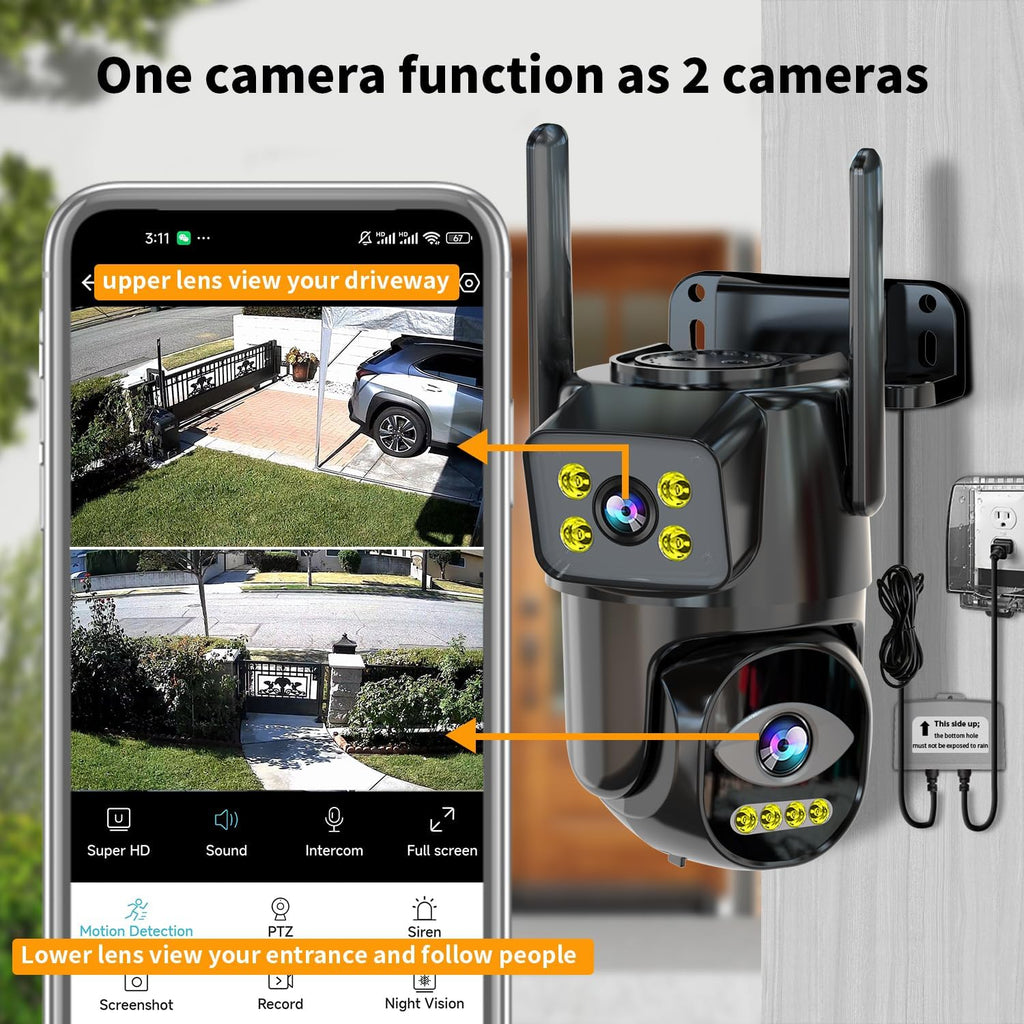 Dual Lens WiFi Security Camera Outdoor, 2.4G/5G PTZ Outdoor Plug-in Camera Auto Tracking,Home Security Surveillance