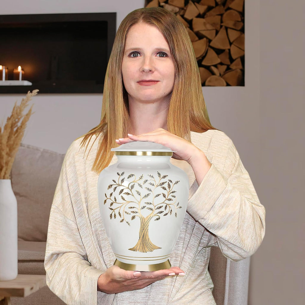 Cremation Urns for Human Ashes, Tree of Life Decorative Burial Urn for Adult Men and Women, Large White