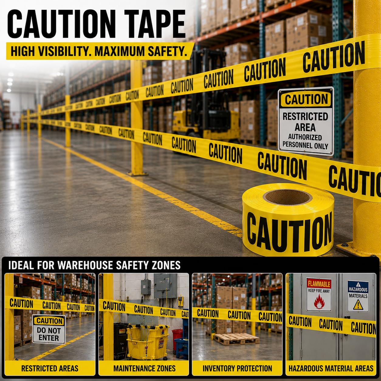 Premium Yellow Caution Tape I 3 inch x 1000 feet I Harzard Tape w/Bright Yellow & Bold Black Text I 3" Wide for
