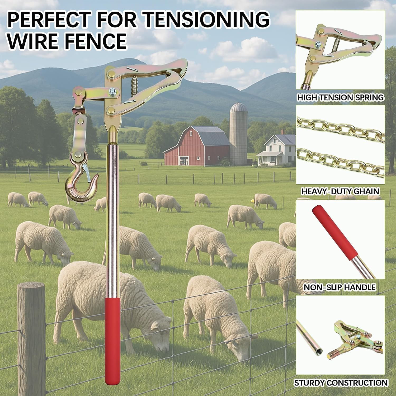 [2-Pack] Heavy Duty Fence Stretcher Tools with 20ft Chains, 2200lbs Capacity Wire Tensioners & Pullers for Ranch/Farm