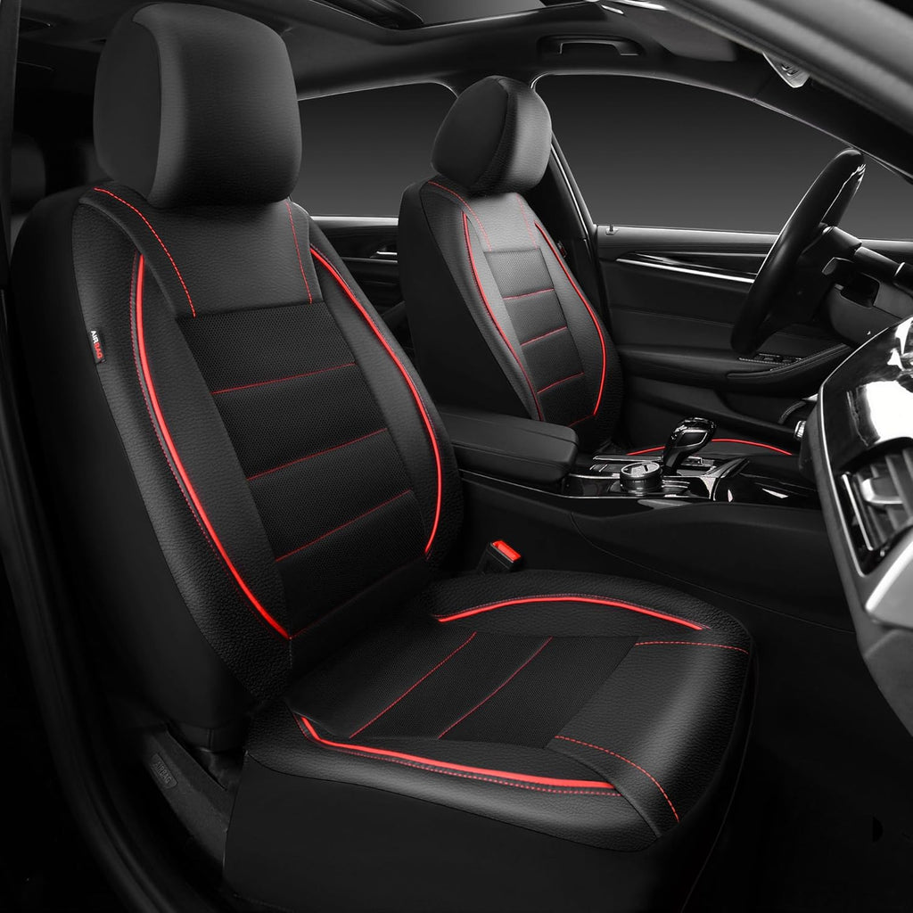 Universal FIT Piping Leather Two Front Seat Covers, Waterproof Faux Leather for SUV Sedan Van Truck, Airbag
