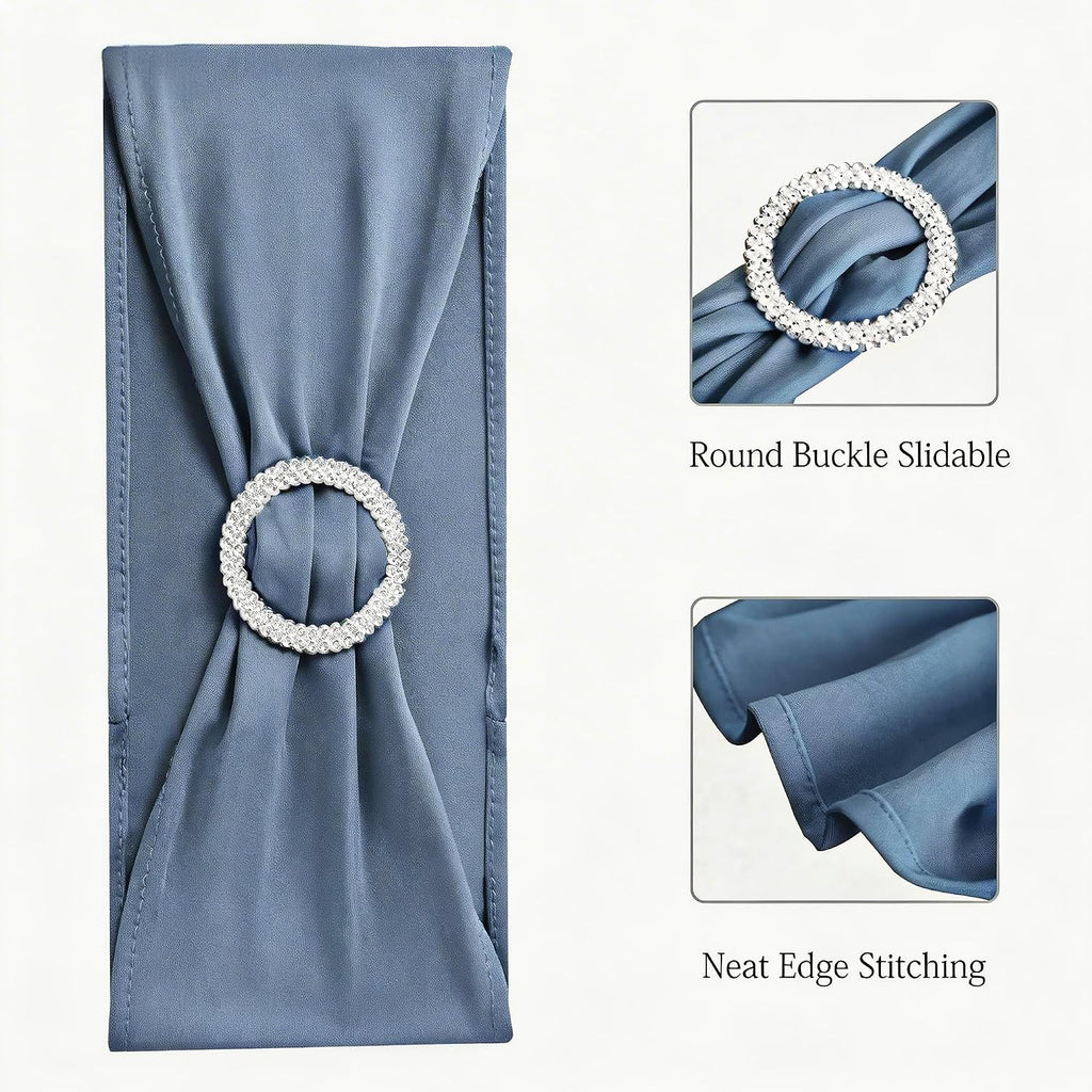 Pack of 50PCS Spandex Dusty Blue Chair Sashes Bows Elastic Chair Cover Bands Slider Buckles for Wedding Reception