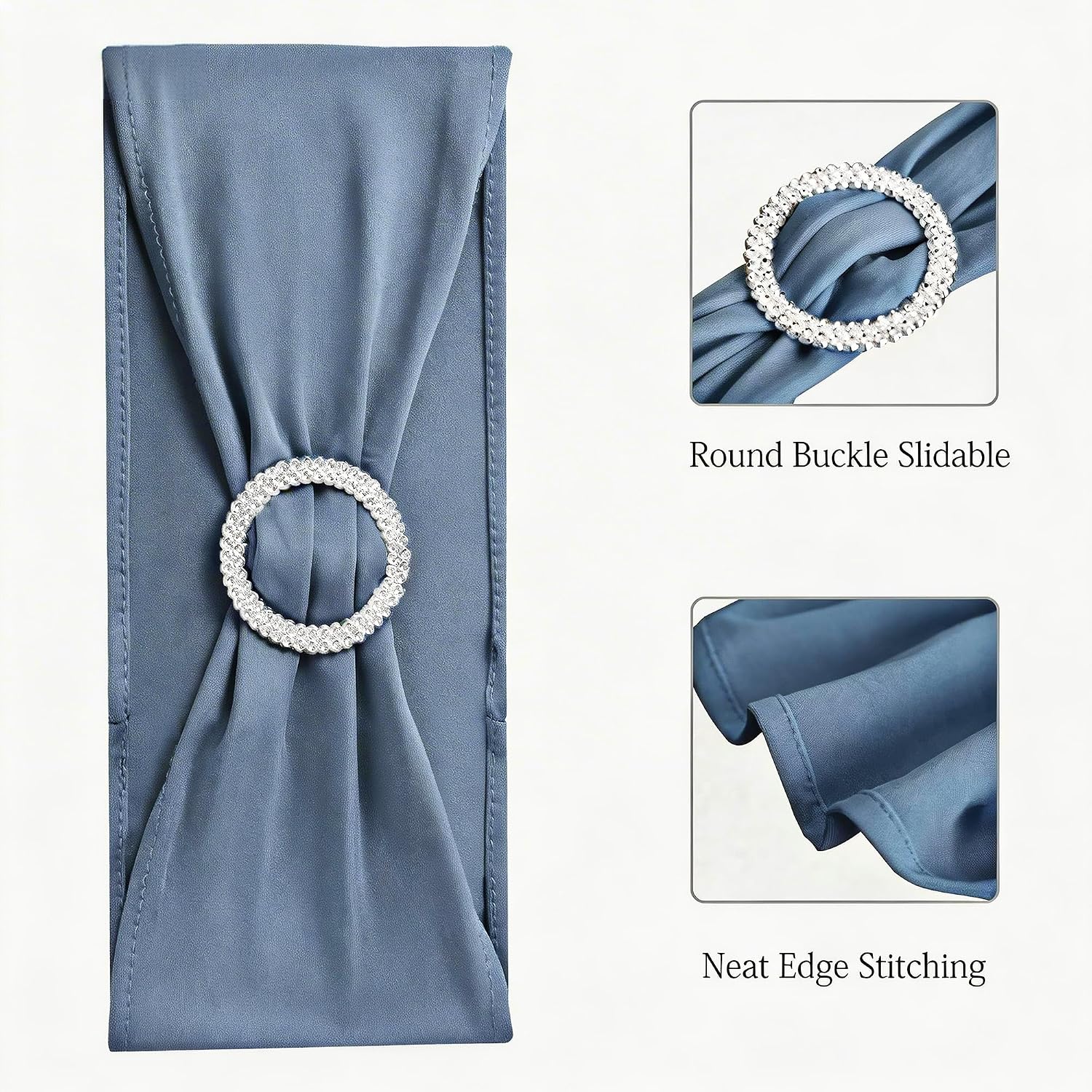 Pack of 50PCS Spandex Dusty Blue Chair Sashes Bows Elastic Chair Cover Bands Slider Buckles for Wedding Reception