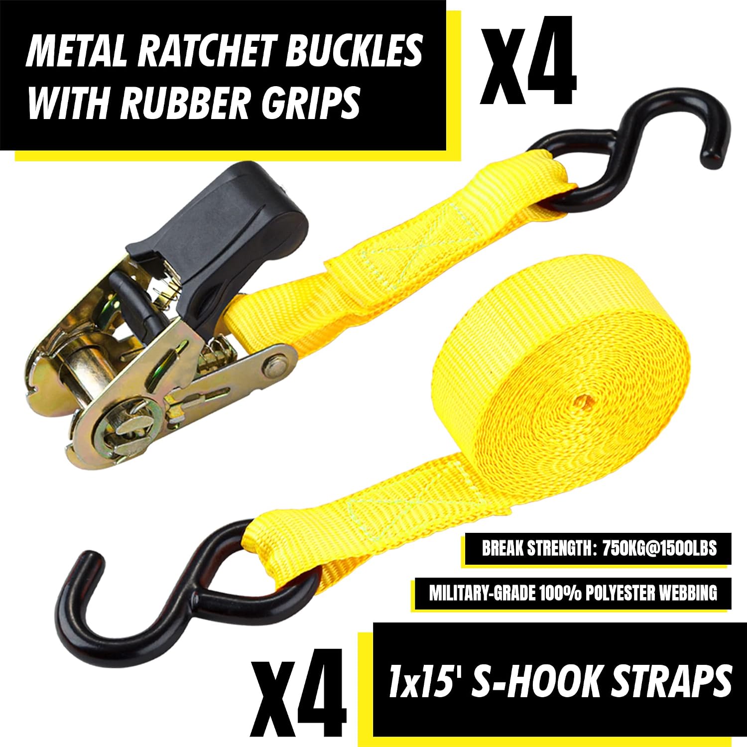 Ratchet Tie Down Straps, 1 in x 15 ft, 1500 lb, 4-Pack, Yellow | Coated S-Hooks, Polyester Webbing, Spring-Loaded