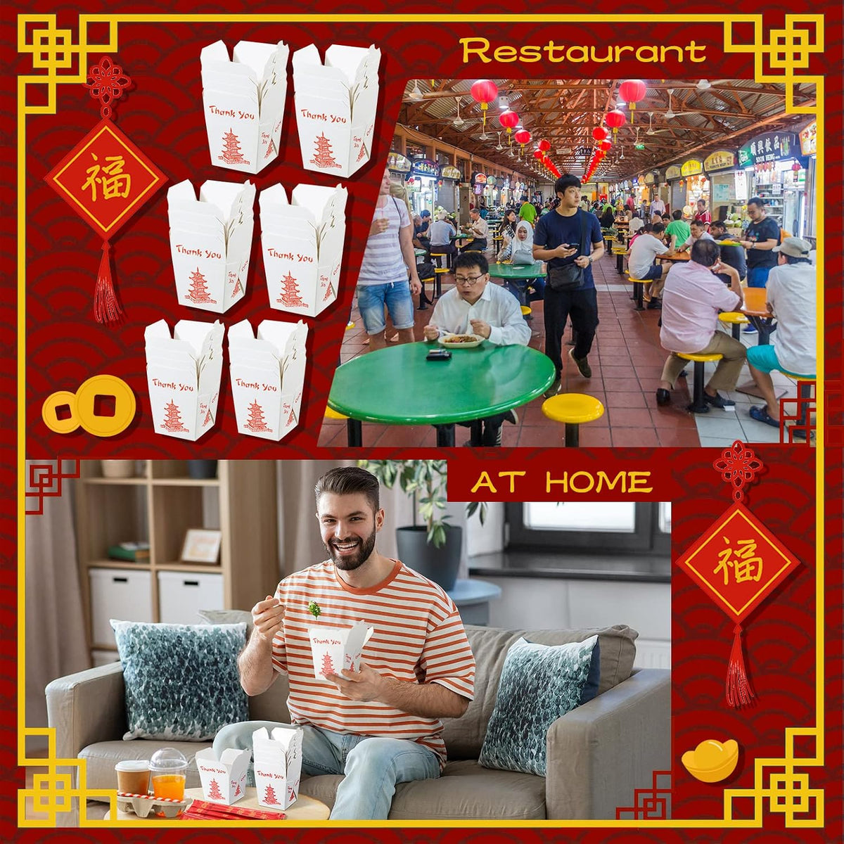100 Sets 8 oz Chinese Take Out Boxes with Disposable Chopsticks