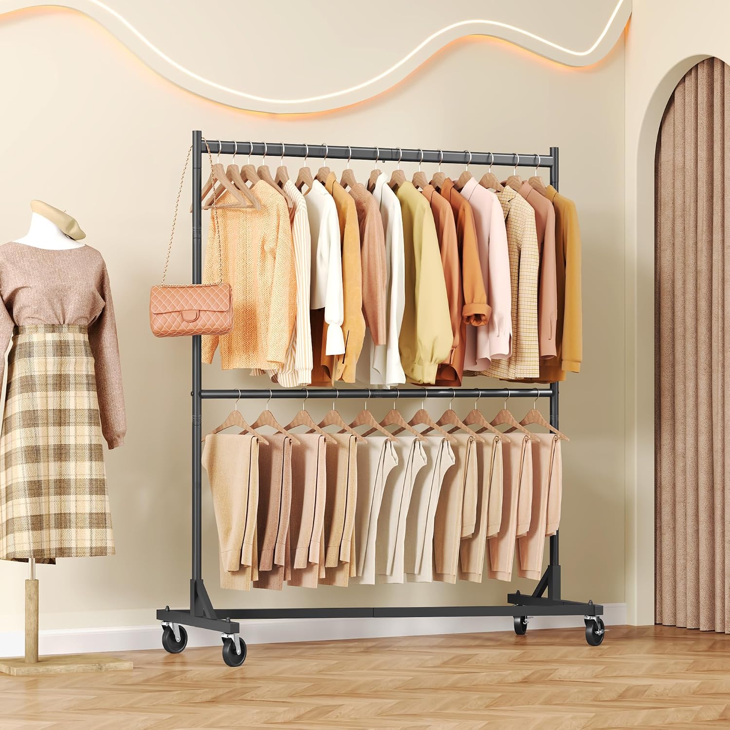 Double Rod Z Rack, Rolling Clothes Racks with Z-Base, Adjustable Clothing Rack, Standing Clothes Rack, Metal Clothing
