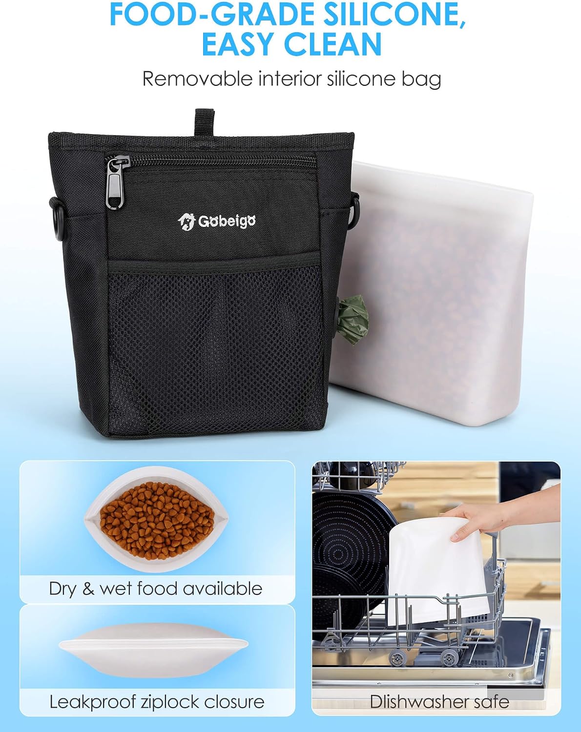 Dog Treat Pouch, Magnetic Closure & Sealable Silicone Bag Insert, 4-Cup Capacity – Belt Clip/Waist Belt/Crossbody