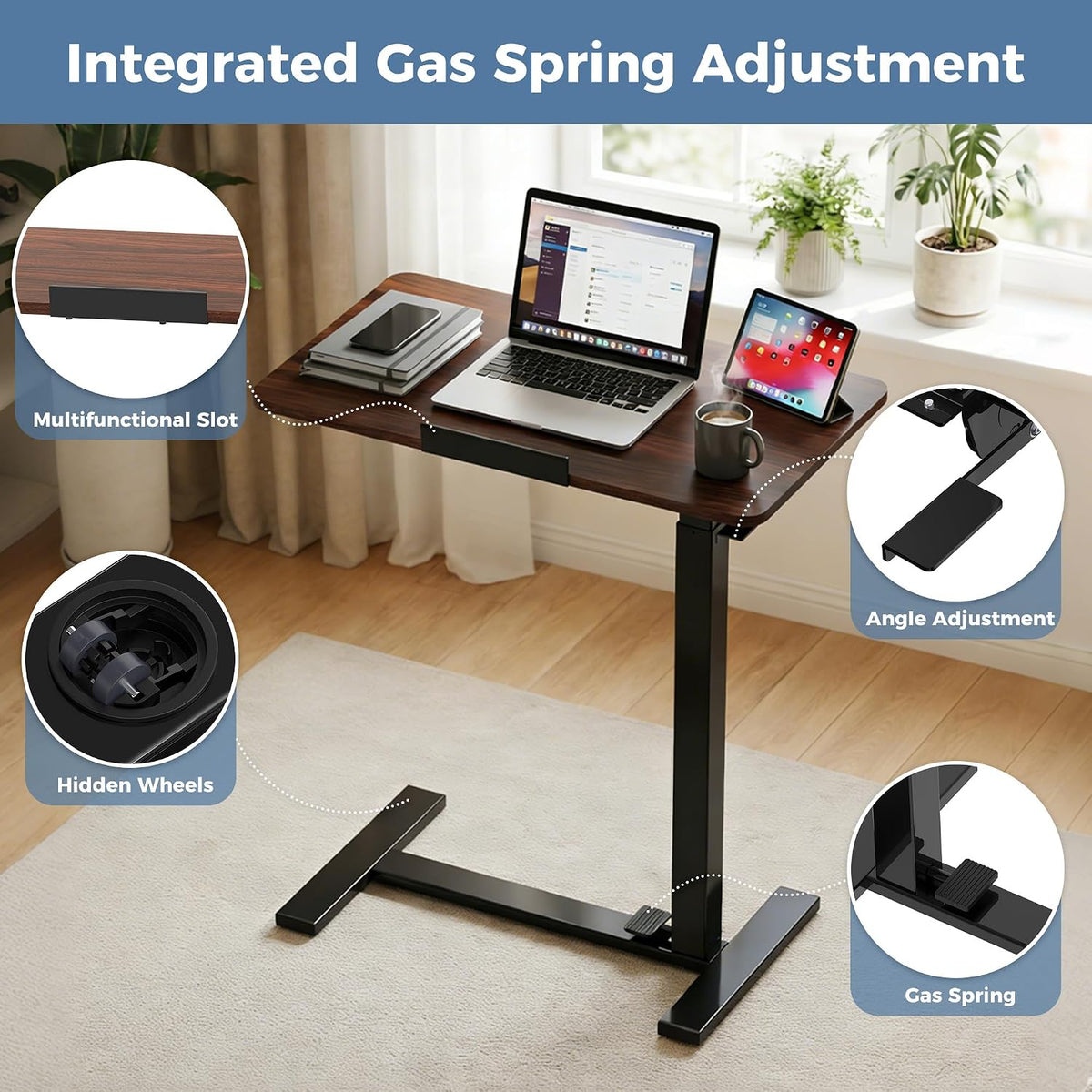 Overbed Table with Wheels, Height-Adjustable Bedside Table, Brown