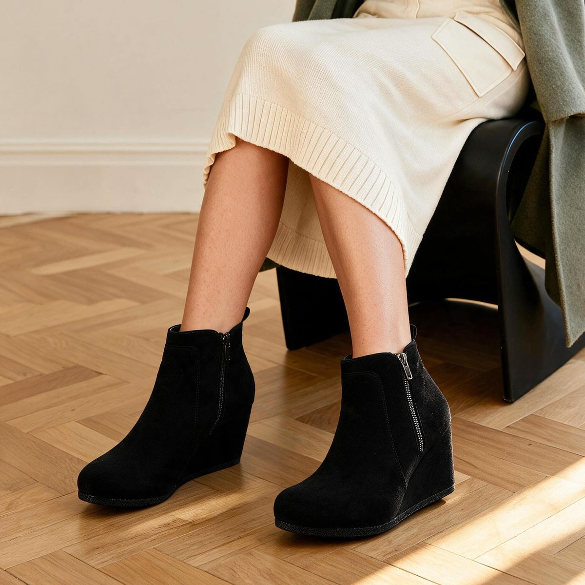 Women's Suede Low Wedges Ankle Boots,Black/Suede,7.5