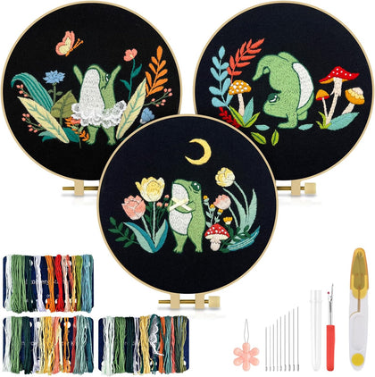 3 Sets Embroidery Kit for Adults, Frog Embroidery Practice Kit