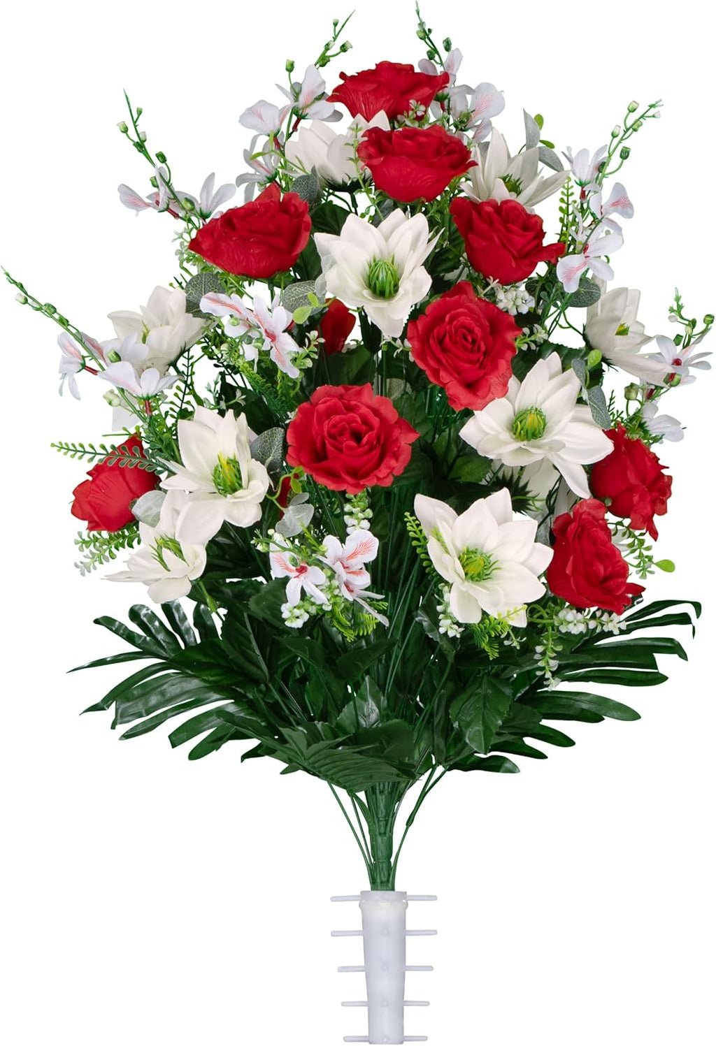 Artificial Cemetery Flowers - Gravesite Flowers - Red Roses and White Lotus - (1) Bouquet