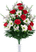 Artificial Cemetery Flowers - Gravesite Flowers - Red Roses and White Lotus - (1) Bouquet