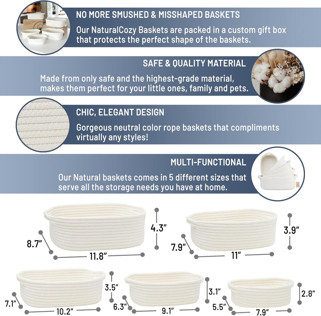 5-Piece Rectangle Storage Basket Set- Natural Cotton Rope Woven for Organizing! Small Basket for Montessori, Baby