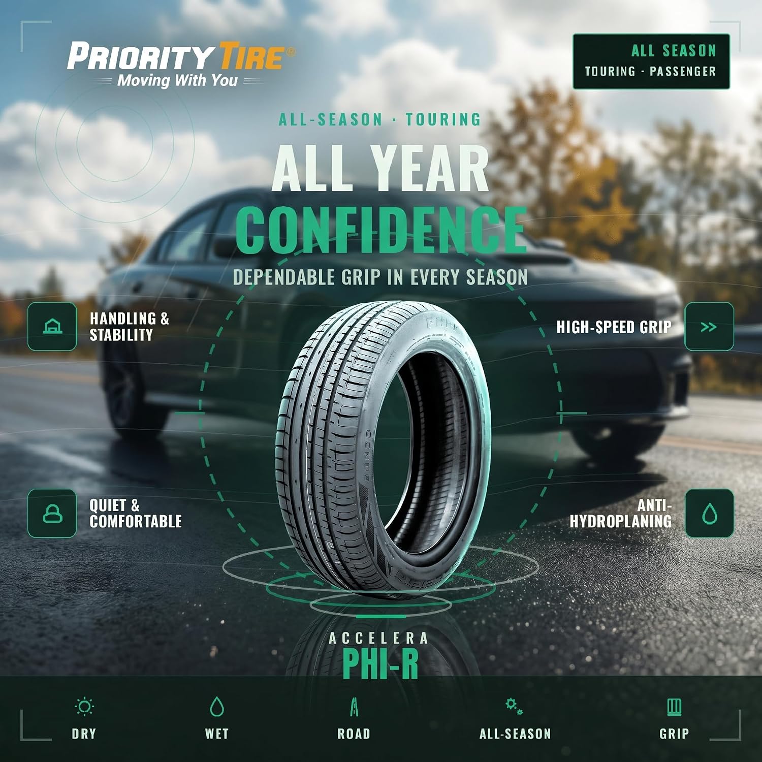 Phi-R All-Season Passenger Car Performance Radial Tire-185/35R17 185/35/17 185/35-17 82V Load Range XL 4-Ply BSW