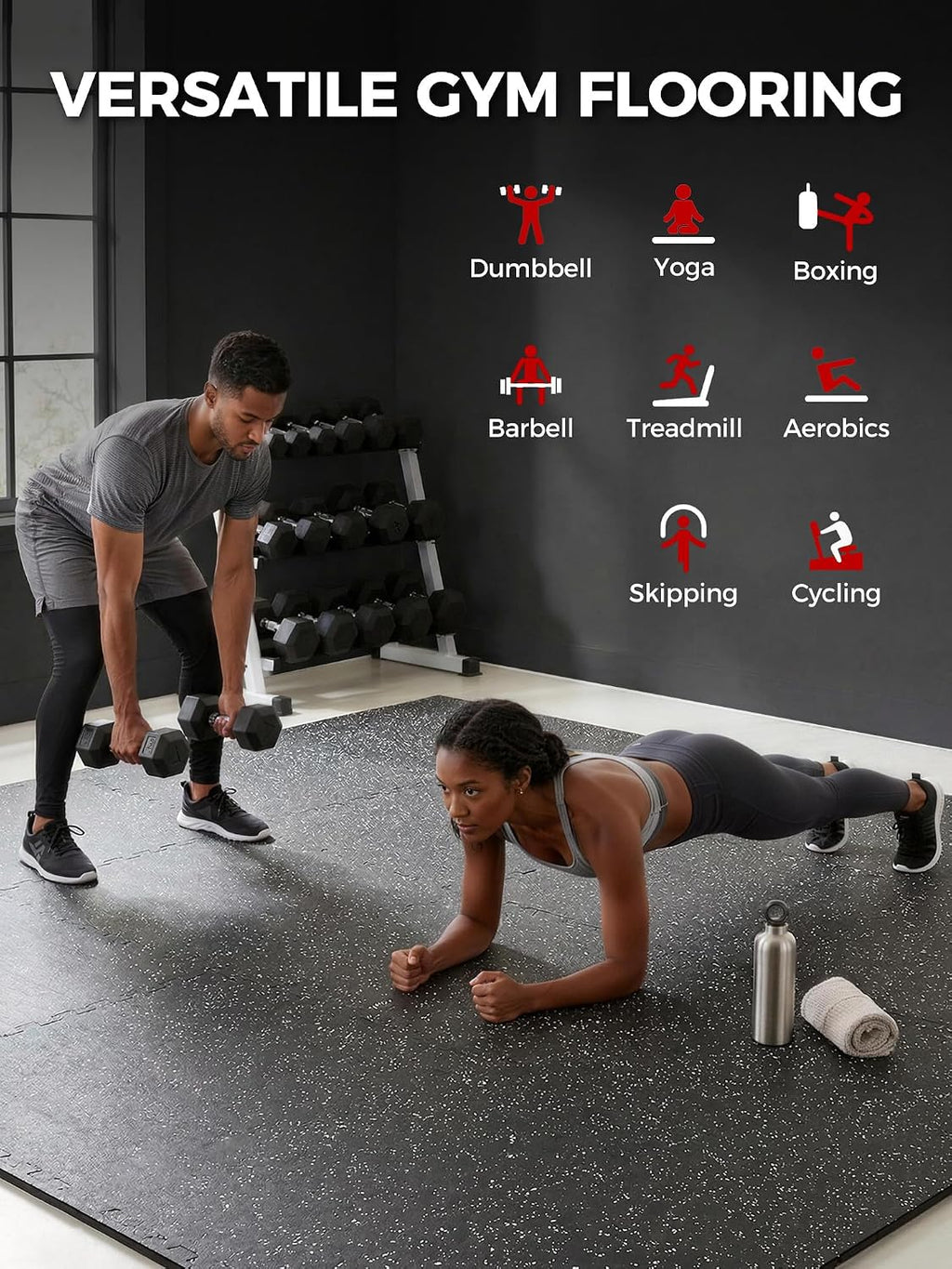 0.79" Extra Thick Rubber Top Gym Flooring, 12 Tiles 48 Sq Ft Heavy Duty Interlocking Exercise Mats, High Density EVA