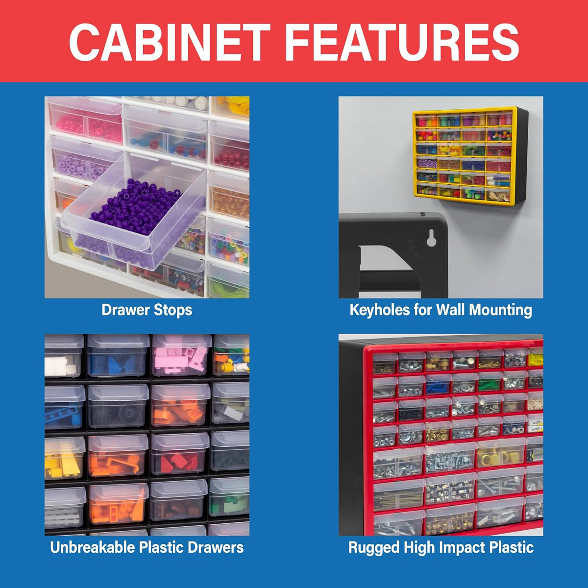 64-Drawer Plastic Storage Cabinet, 20" W x 6" D x 16" H, Black