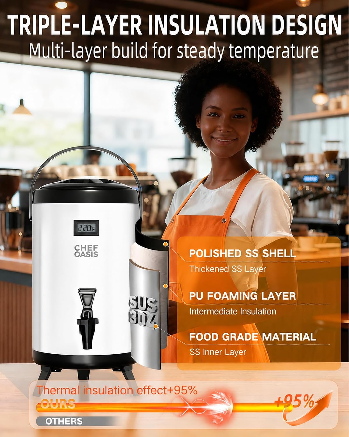 Insulated Beverage Dispenser 3 Gallon,Hot&Cold Drink Dispenser with Spigot,LCD Thermometer,Stainless Steel