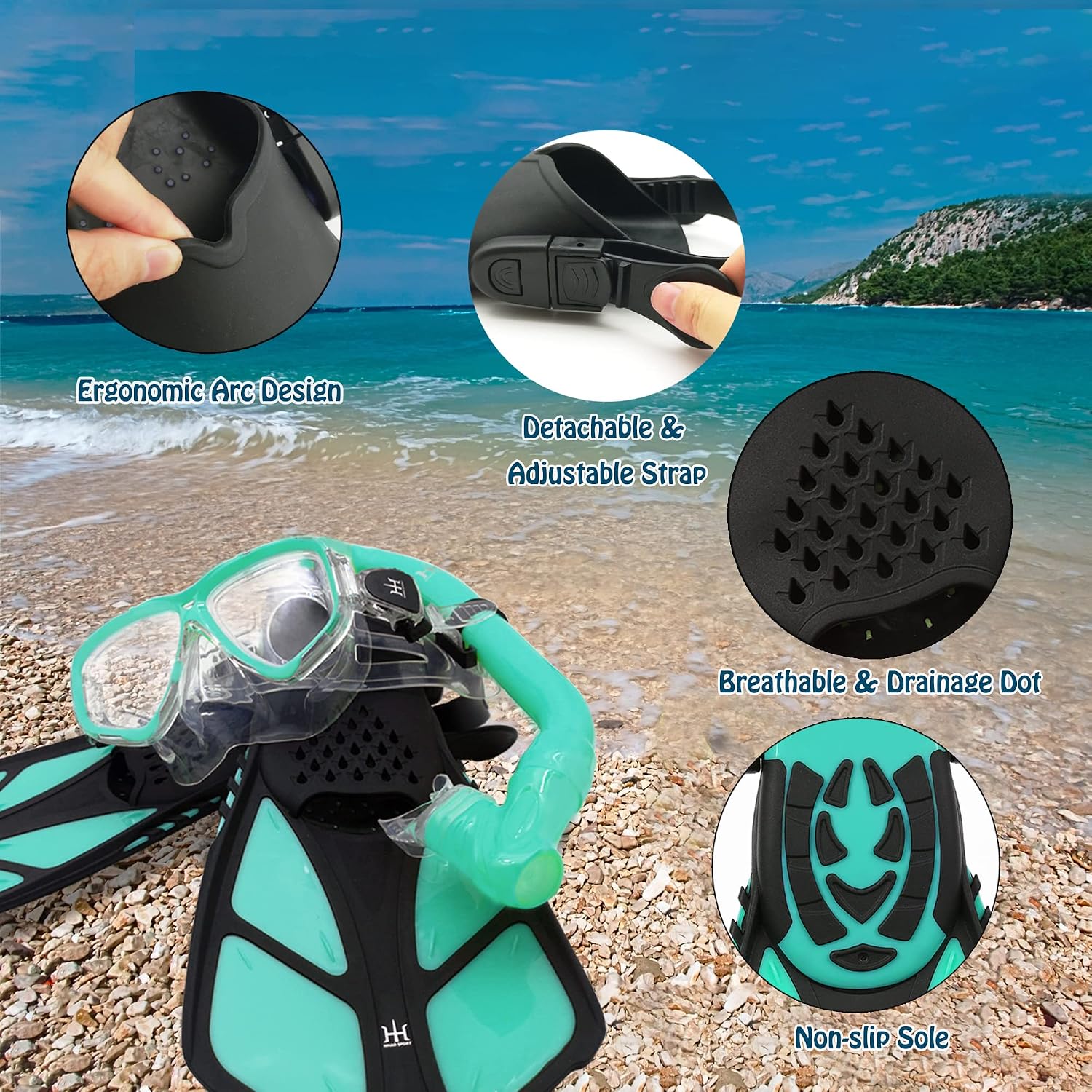 Kids Mask Fins Snorkel Set Snorkeling Packages, with Diving Mask, Snorkel, Adjustable Swim Fins, Mesh Bag, Anti-Fog