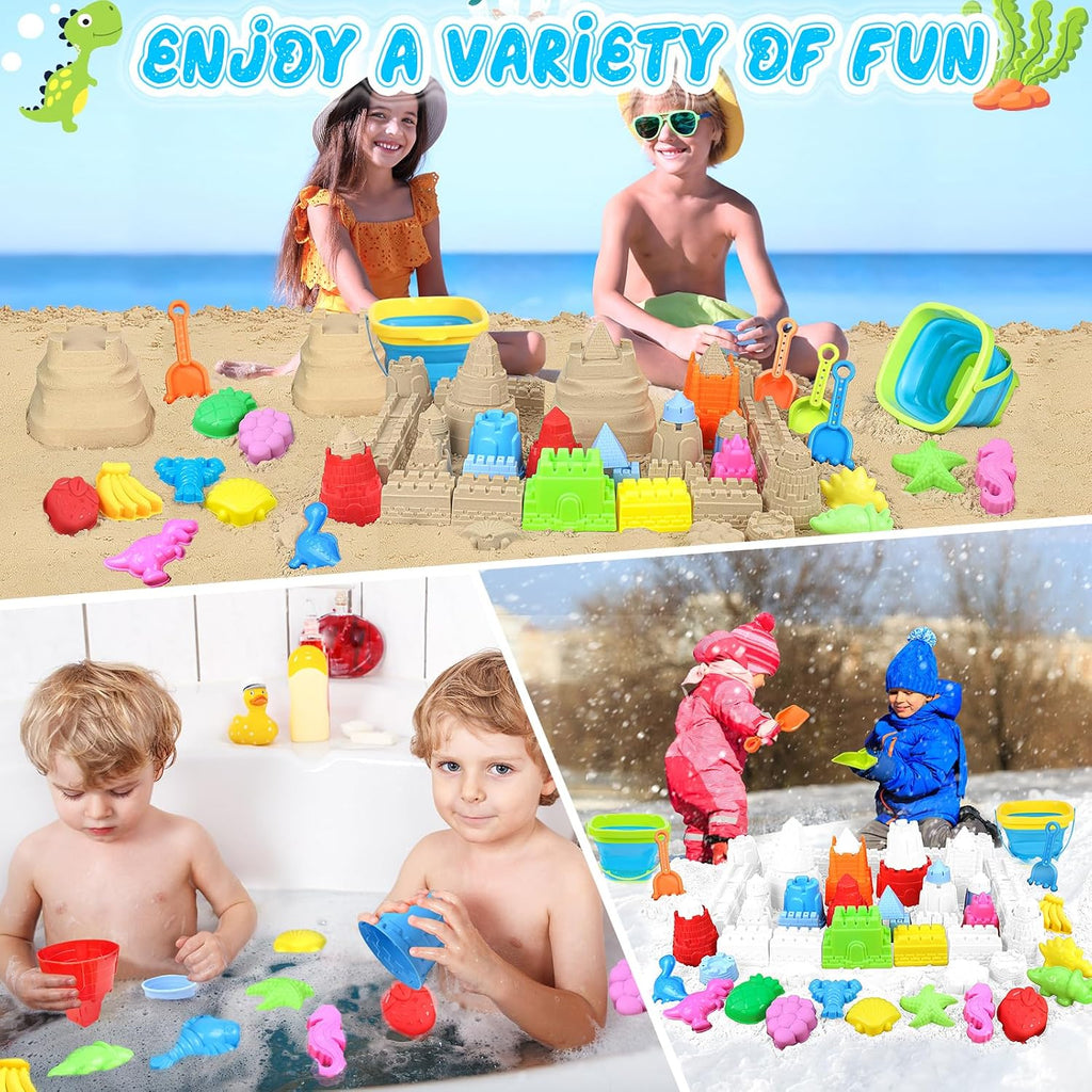 Beach Toys with Collapsible Buckets, Sand Castle Kit for Kids 3-12 | Castle Building Kit, 2 Buckets, 2 Shovels, 2