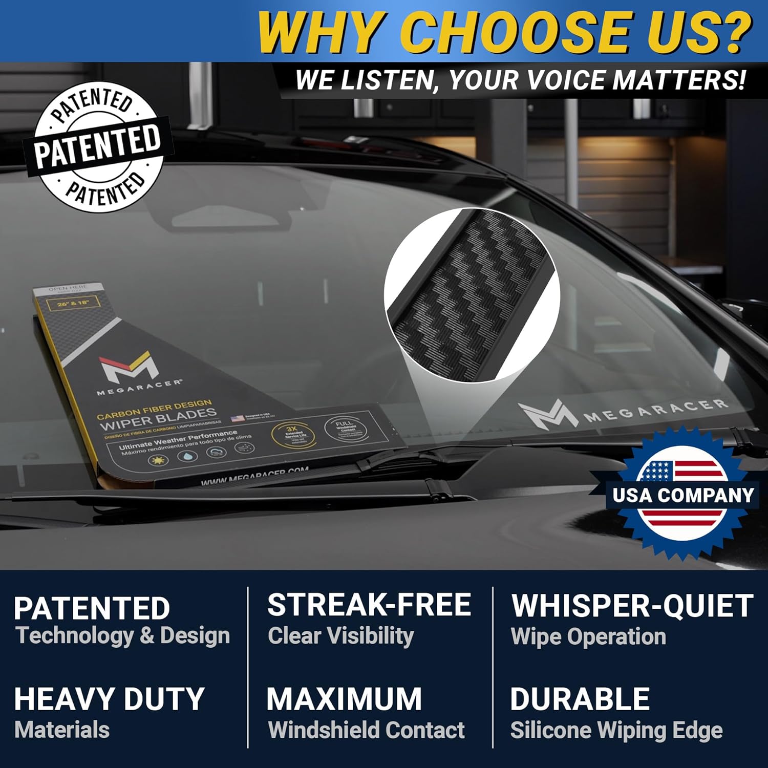 Premium Silicone Carbon Fiber Windshield Wiper Blades 22" & 22" - Patented All-Season, Quiet & Smooth Streak-Free