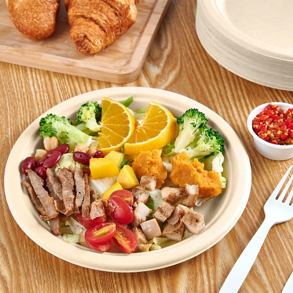 150 Pack Compostable Bagasse Paper Plates 9 inch, Nature