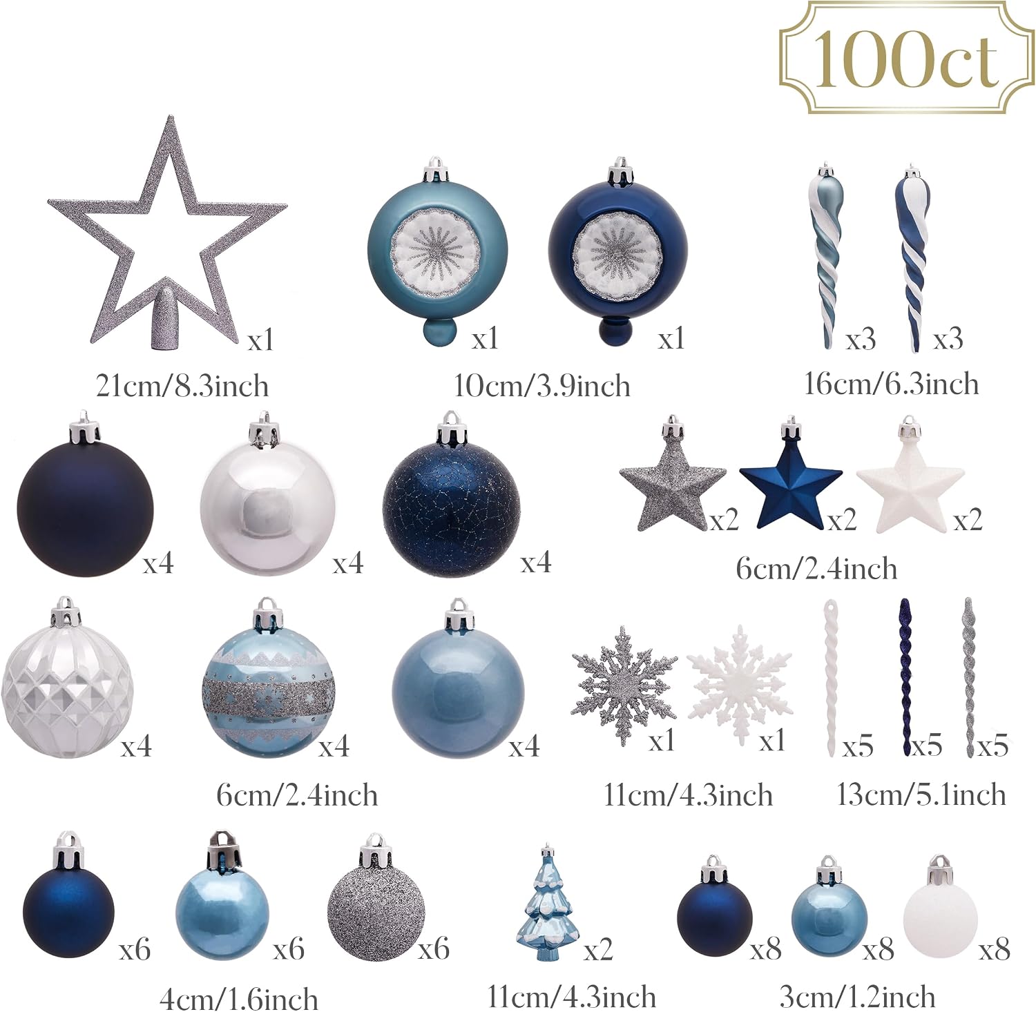 Christmas Ornaments Set, 100ct Navy Blue and Silver Shatterproof Christmas Tree Decorations Ball Ornaments Bulk