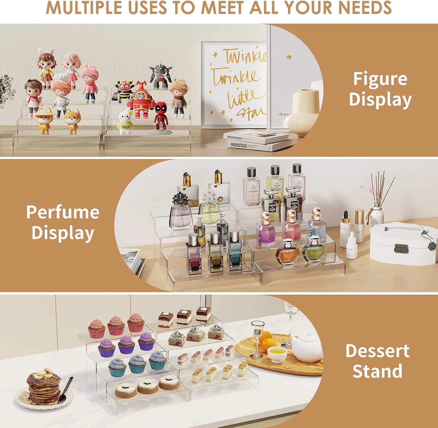 10 Pieces 2 Set (7”L~8”L~9”L) Large Display Risers, 4" Wide Clear Rectangular Stand Shelf for Showcase Collectibles