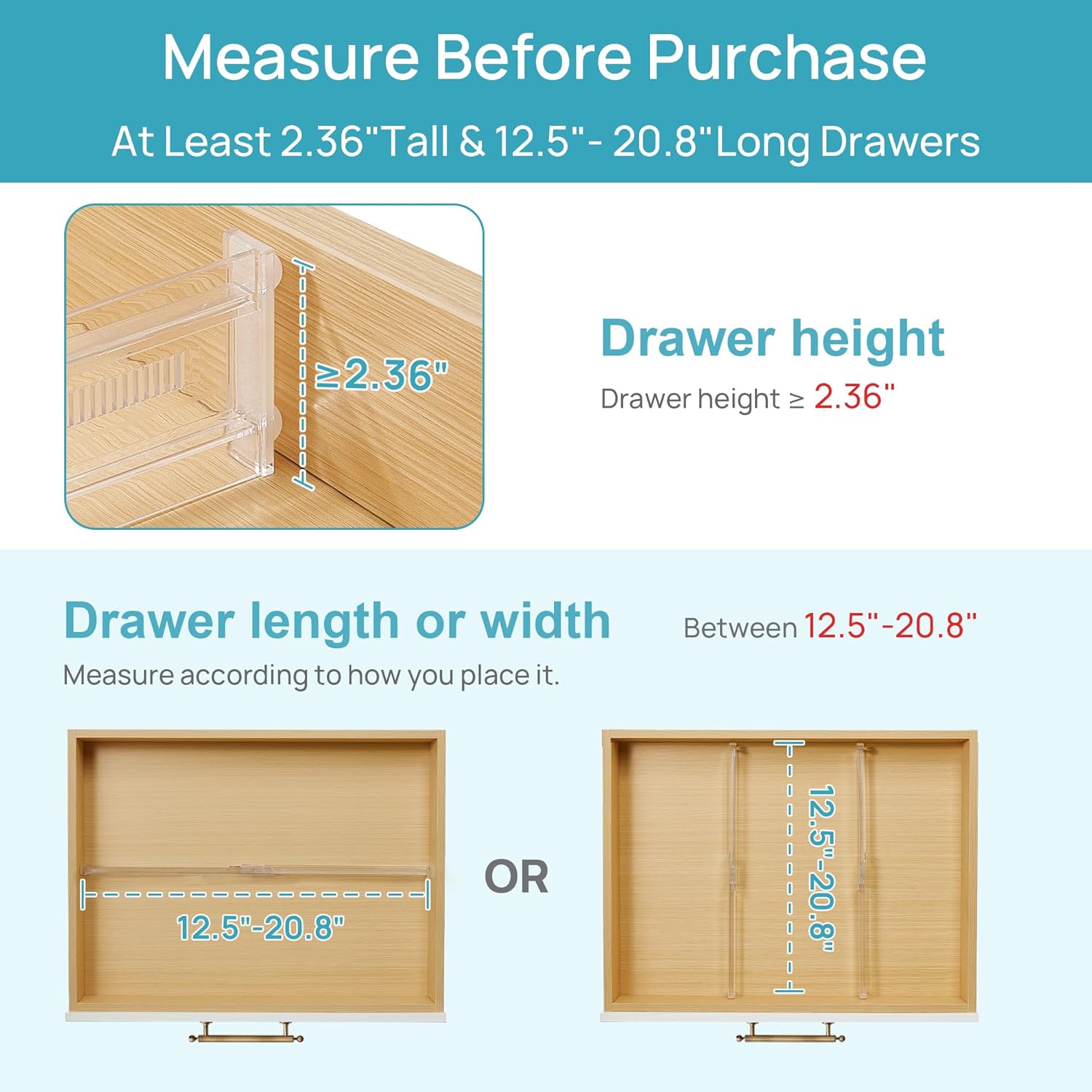 8 Pack Shallow Drawer Dividers, 2.36" High 12.5"-20.8" Adjustable Expandable Kitchen Drawer Organizer, Clear Plastic