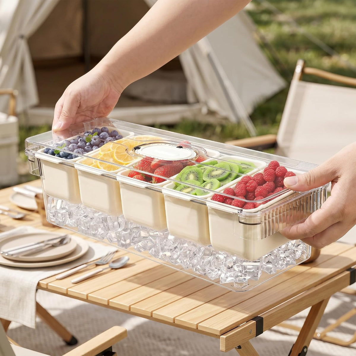 Large Ice Chilled Condiment Server with Lid, 5 Compartment Chilled Condiment Caddy, Taco Bar Serving Tray, Garnish