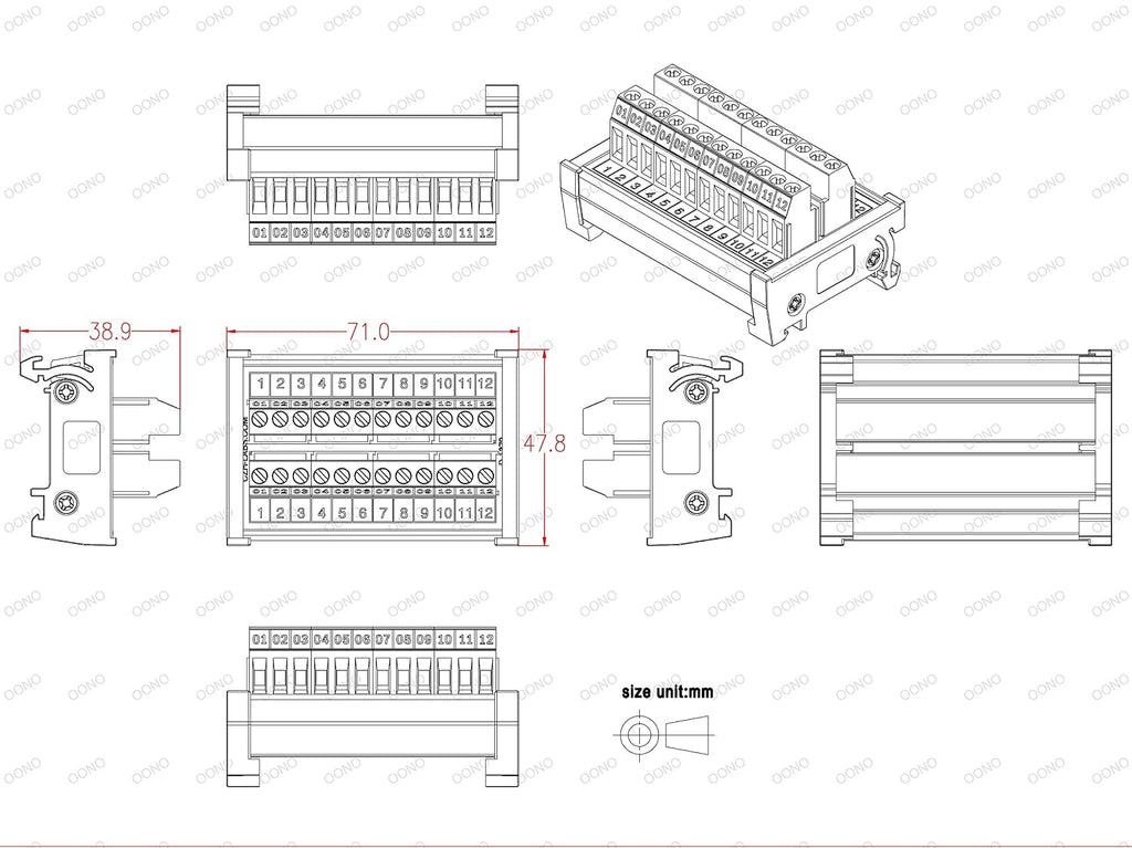 DIN Rail Mount 24A/400V 12 Position Screw Terminal Block Distribution Module