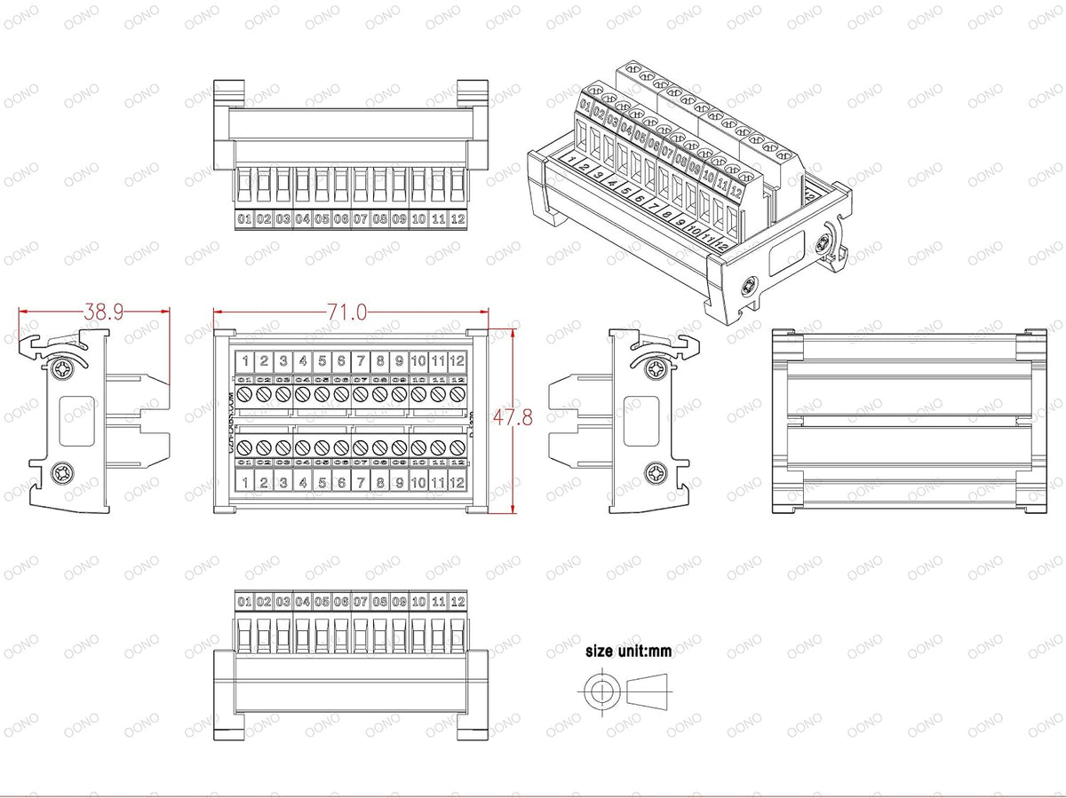 DIN Rail Mount 24A/400V 12 Position Screw Terminal Block Distribution Module