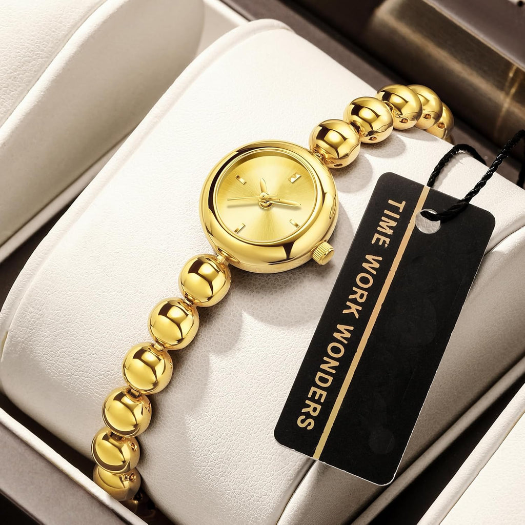 Women Gold Watch Beaded Bracelet Vintage Dainty Silver Ladies Watches Jewelry Analog Dress Small Round Luxury Wrist