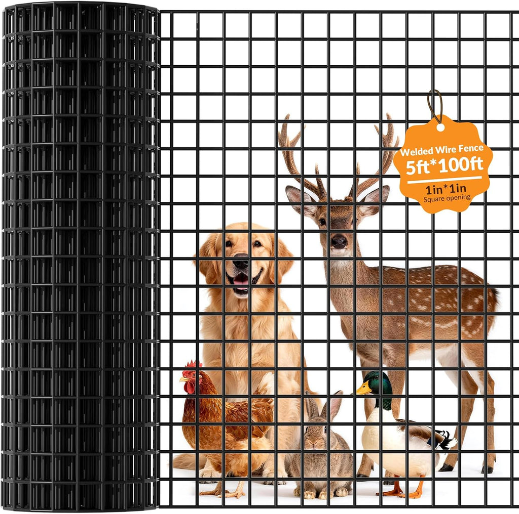 Welded Wire Fencing 1 ‘’x 1‘’ 5ft x 100 ft，Vinyl Coated Welded Wire Mesh Roll,16GA Black PVC Coated Welded Wire