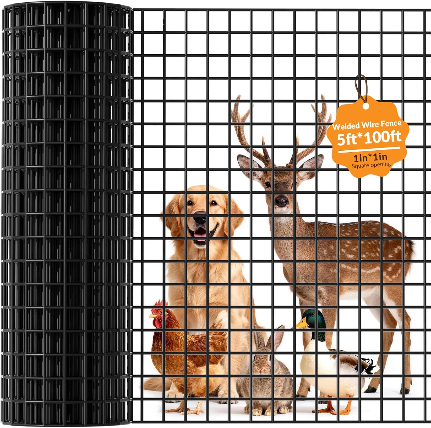 Welded Wire Fencing 1 ‘’x 1‘’ 5ft x 100 ft，Vinyl Coated Welded Wire Mesh Roll,16GA Black PVC Coated Welded Wire