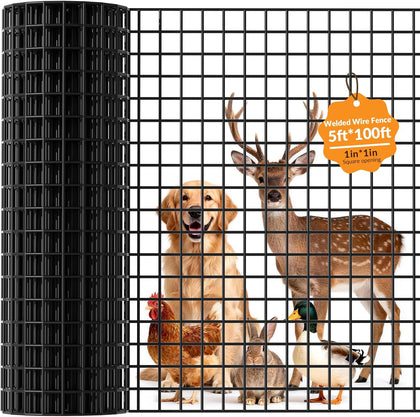 Welded Wire Fencing 1 ‘’x 1‘’ 5ft x 100 ft，Vinyl Coated Welded Wire Mesh Roll,16GA Black PVC Coated Welded Wire
