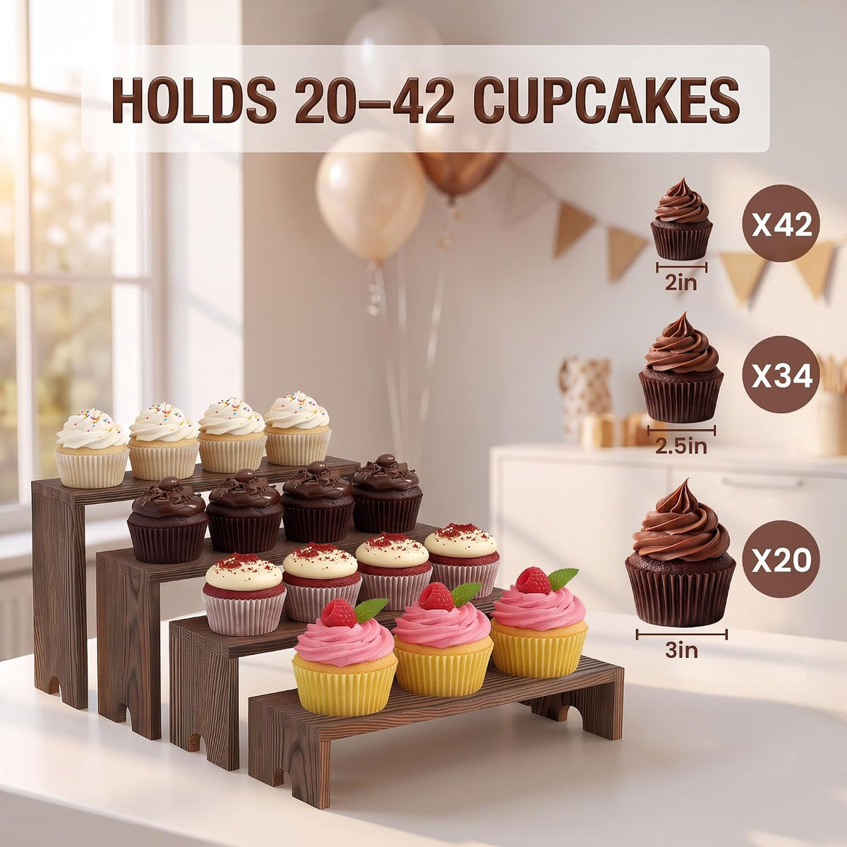 2 Set Wooden Cupcake Stand for Decor, 4 Tiered Display Risers