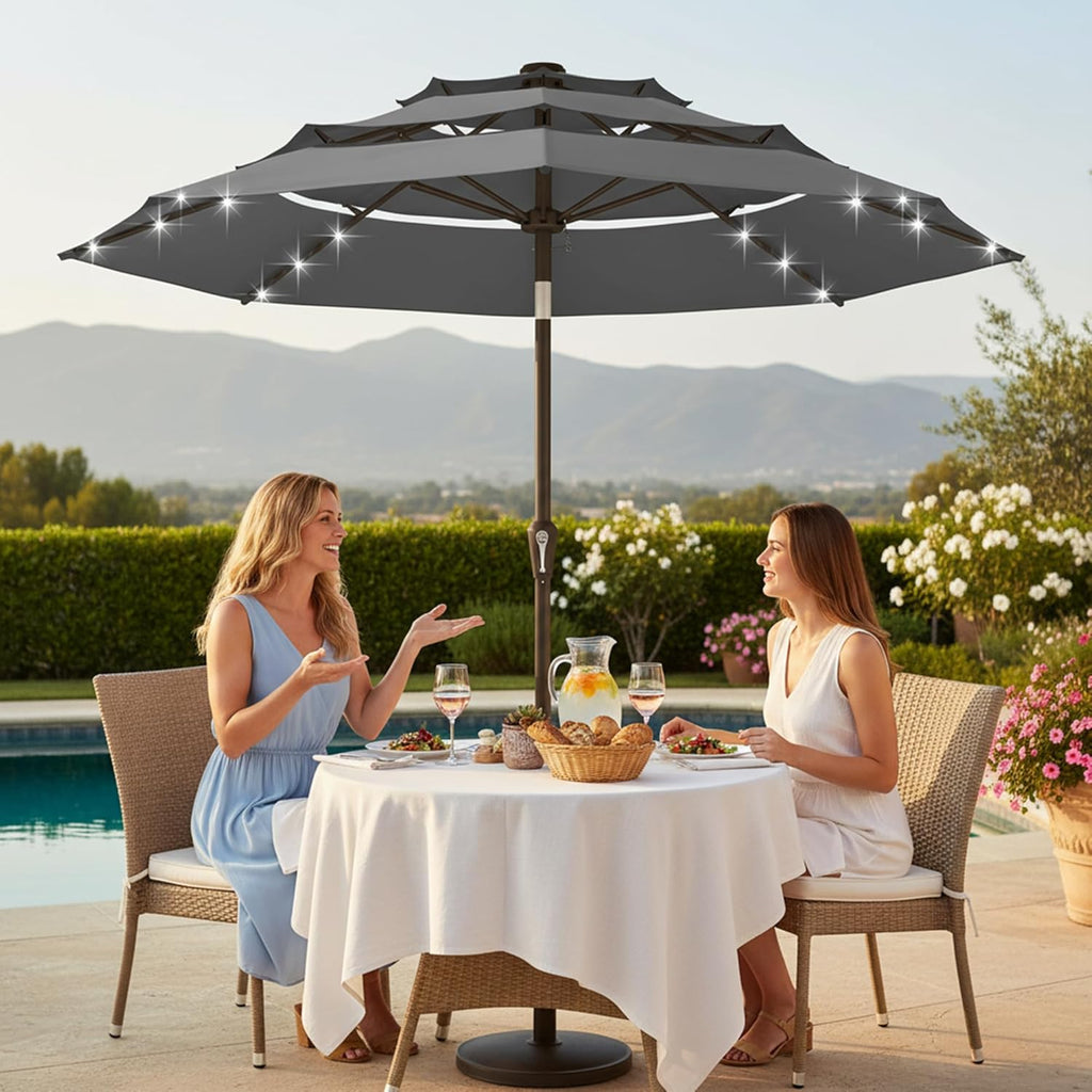 10ft Patio Umbrella with Solar Lights, 3 Tier Lighted Table Umbrella Outdoor Patio with Easy Crank & Tilt, 8 Sturdy