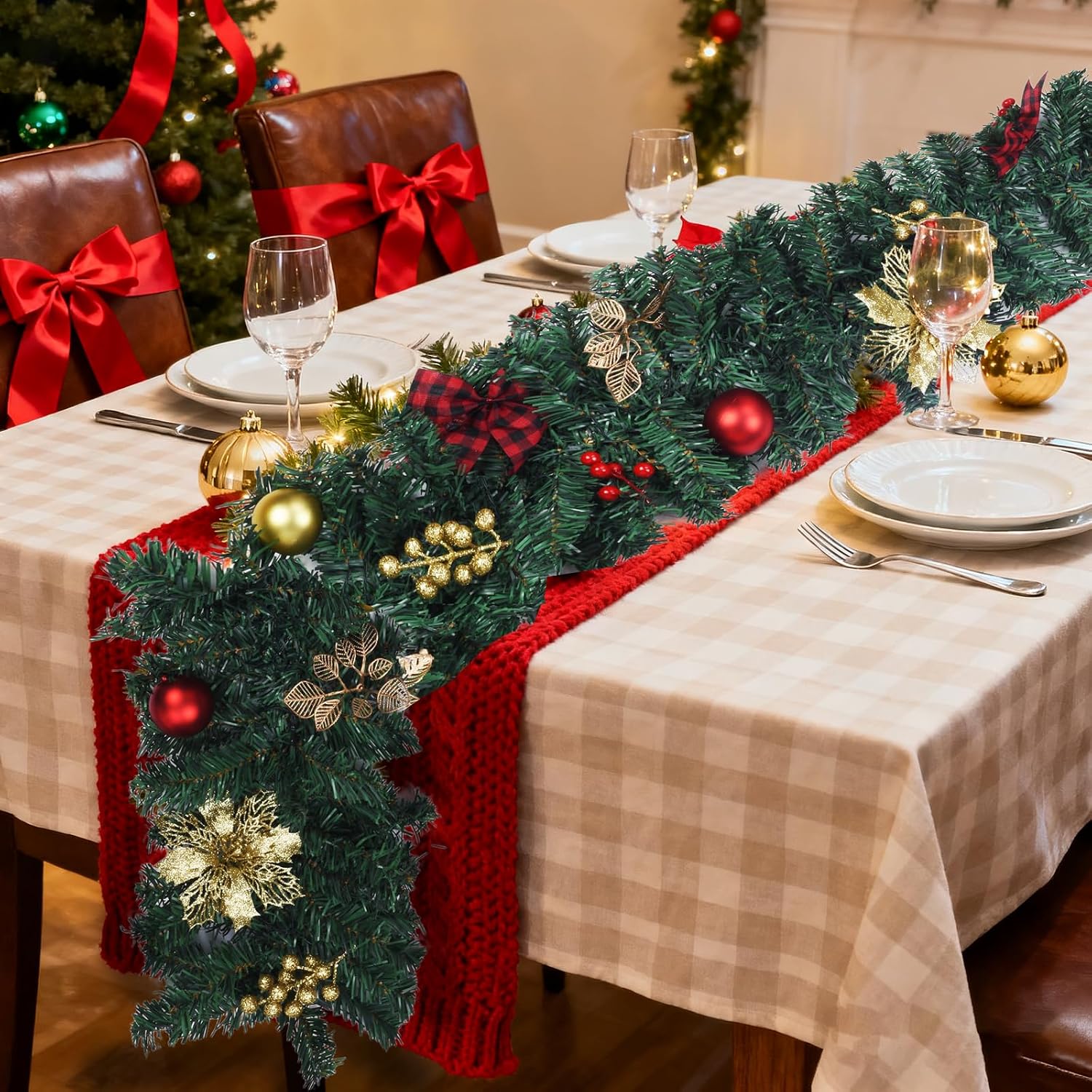 9FT Christmas Garland with Lights, Pre-Lit Garland for Christmas Decorations with, Bows, Berries, Balls, Flowers