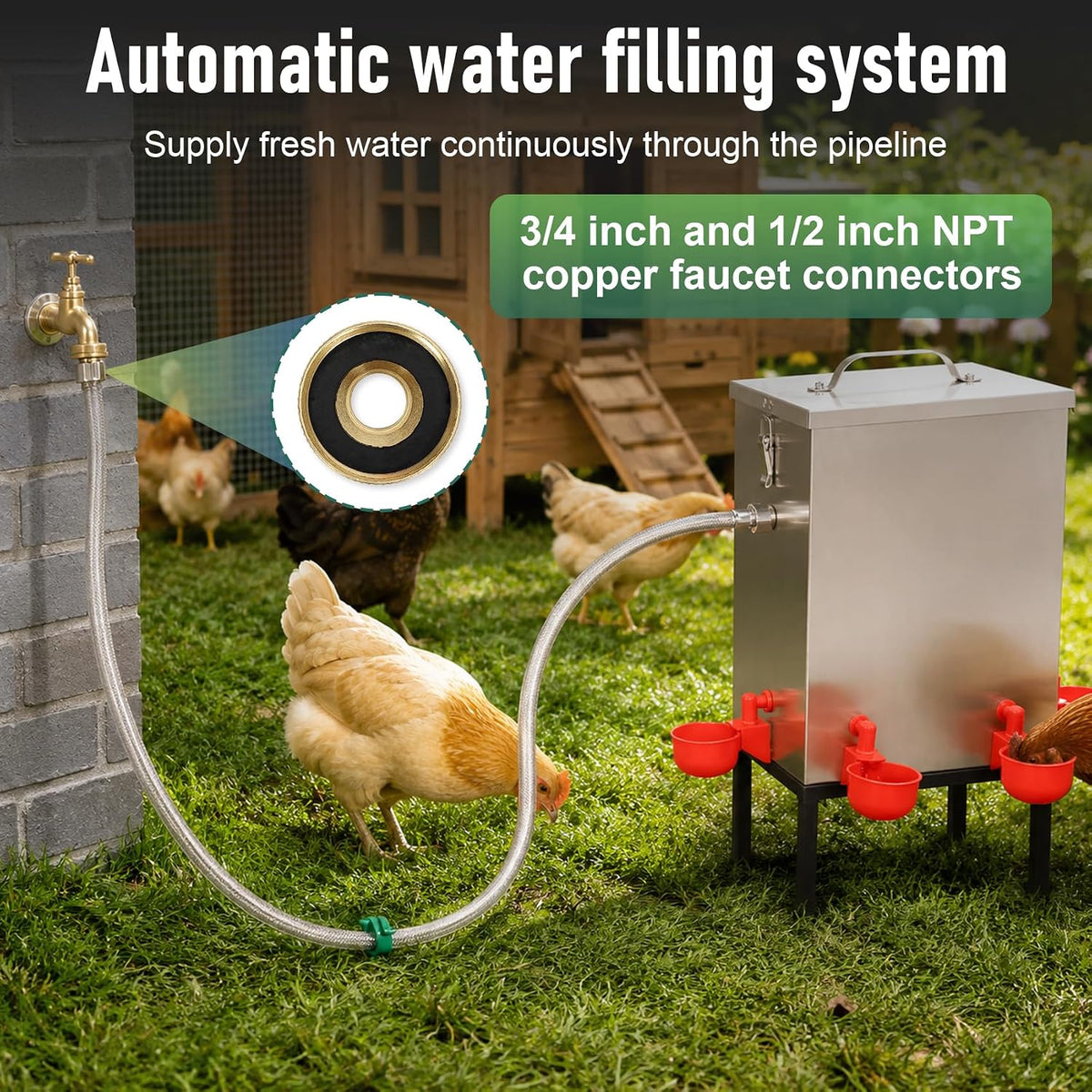 Automatic Chicken Waterer 3 Gallon, 304 Stainless Steel Poultry Waterer with Float Valve, No-Spill Metal Chicken