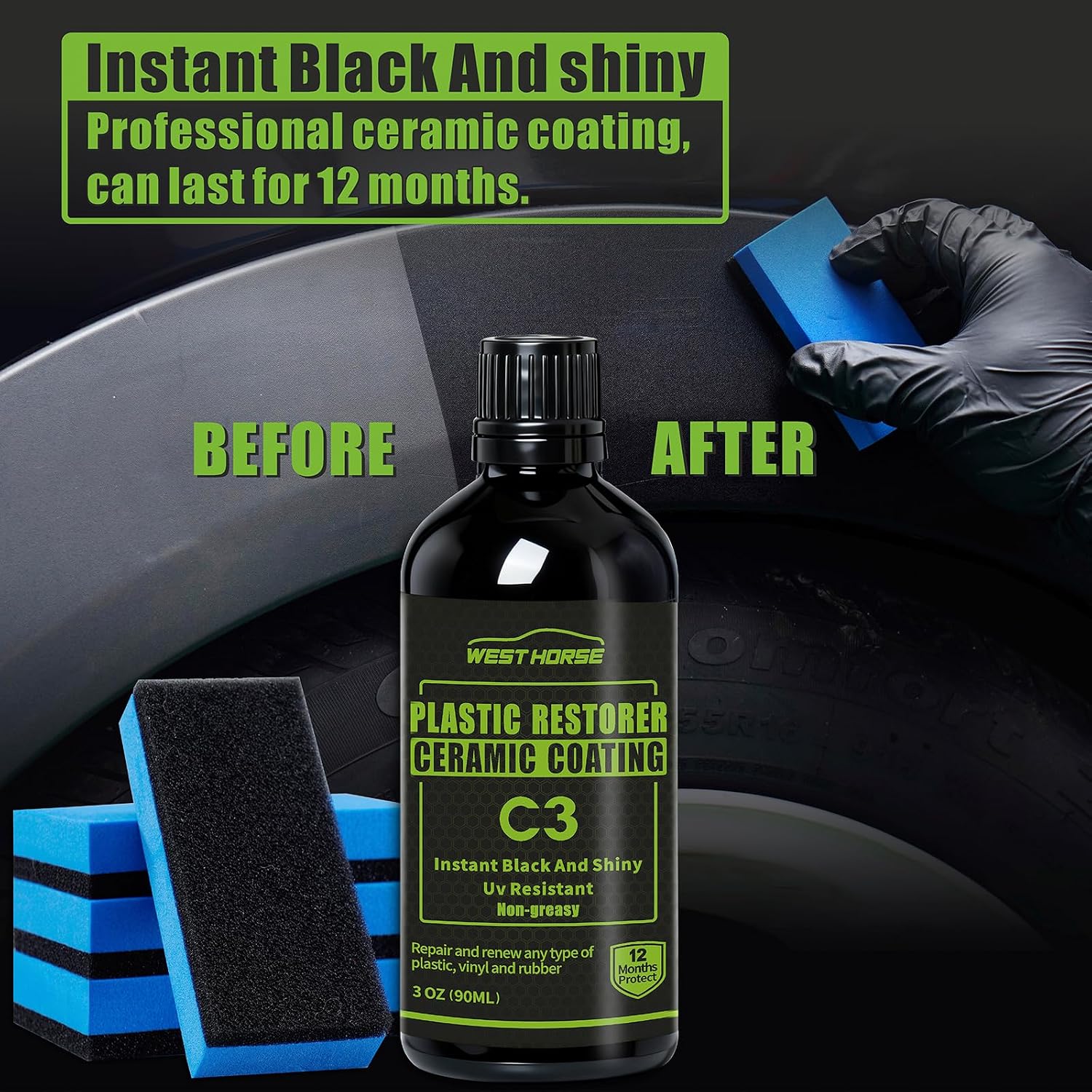 90ml Ceramic Plastic Restorer Car Trim Restorer Kit | 12-Month UV Protection, 3 fl oz, Professional Grade