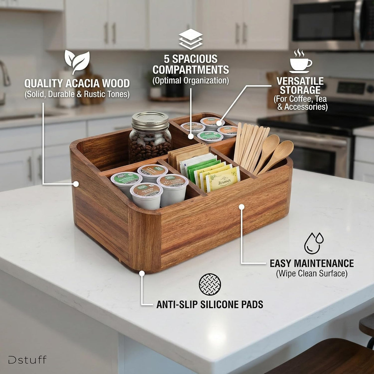 Acacia Wood Coffee Station Organizer for Countertop, Tea Organizer and Holder, Coffee Bar Caddy with Multiple