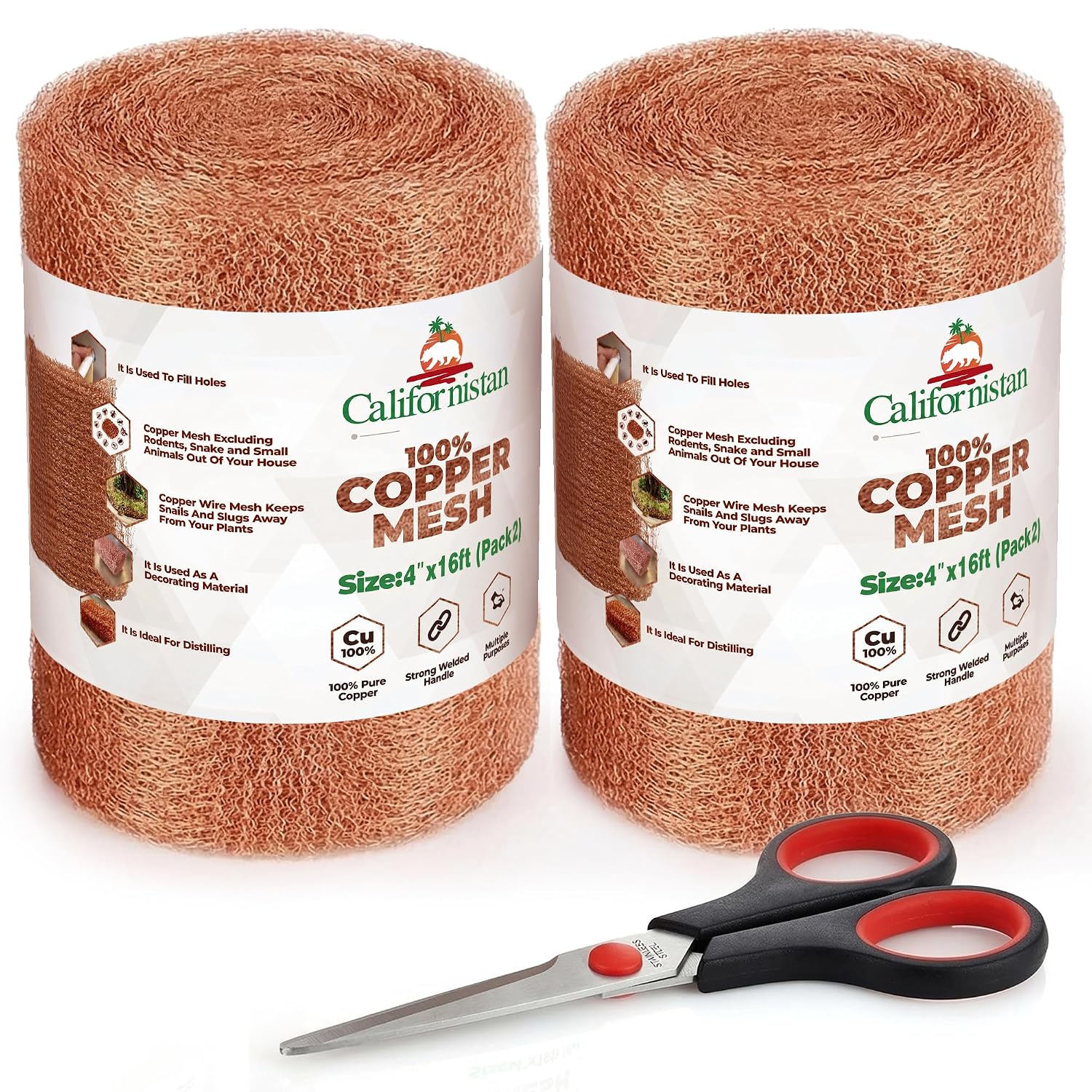 Copper Mesh Roll for Rodent Control, 4 in x 16 ft, Rustproof, 2-Pack | Blocks rats, mice, bats and snails at gaps