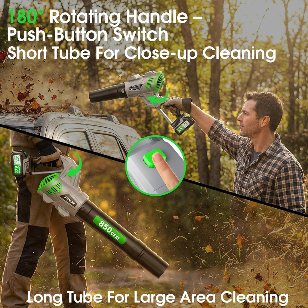 Leaf Blower Cordless, Brushless Blower 850 CFM 250 MPH with 2 Batteries | Powerful Electric Blower with 2 x 6.0Ah